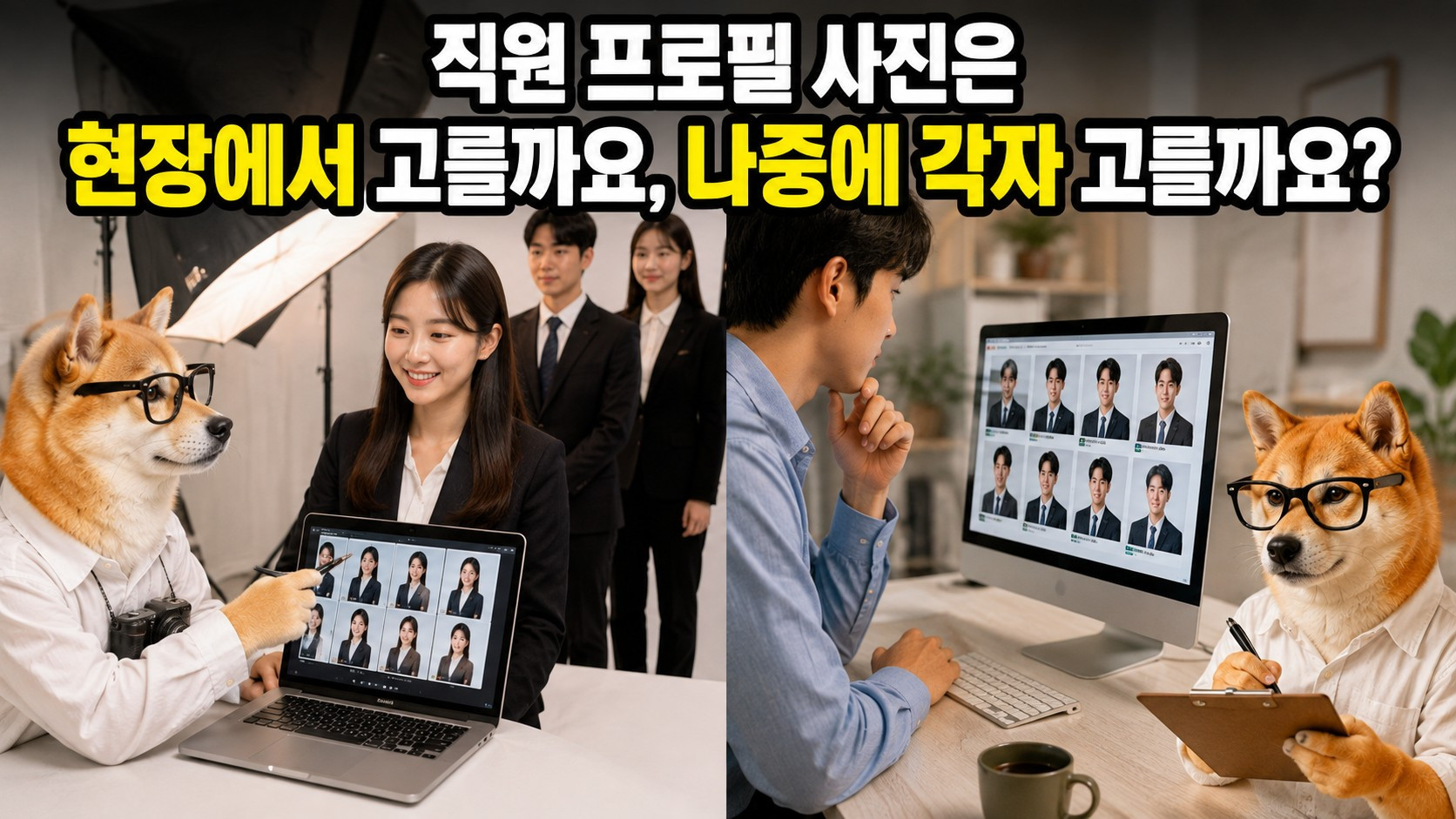 직원 프로필 사진은 현장에서 고를까요, 나중에 각자 고를까요?