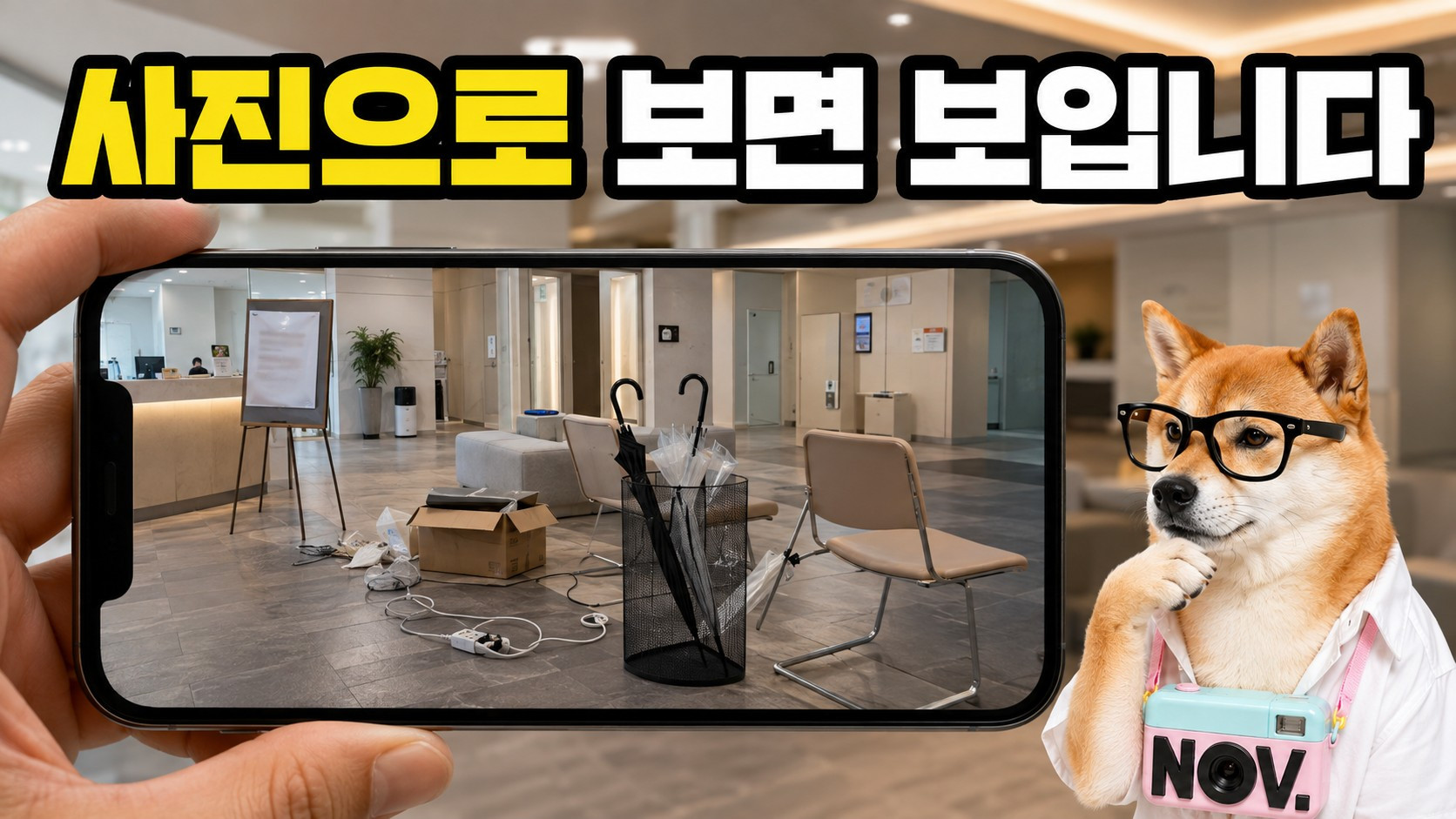 병원 촬영 전 로비에서 무엇을 치워야 할까요?